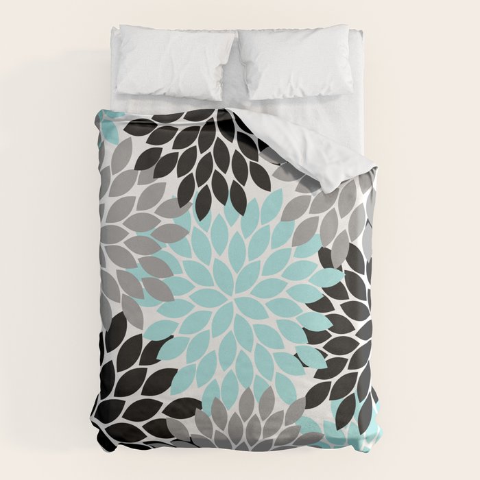 Aqua Black Gray Flower Burst Floral Pattern Duvet Cover Gallery Image 6