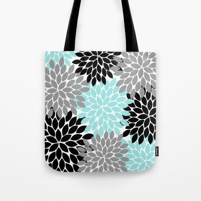 Aqua Black Gray Flower Burst Floral Pattern Tote Bag Gallery Image 1