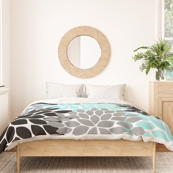Aqua Black Gray Flower Burst Floral Pattern Duvet Cover Gallery Image 3