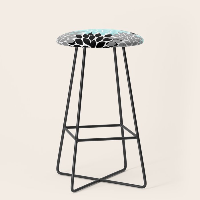 Aqua Black Gray Flower Burst Floral Pattern Stool Gallery Image 1
