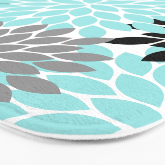 Aqua Black Gray Flower Burst Floral Pattern Bath Mat Gallery Image 3