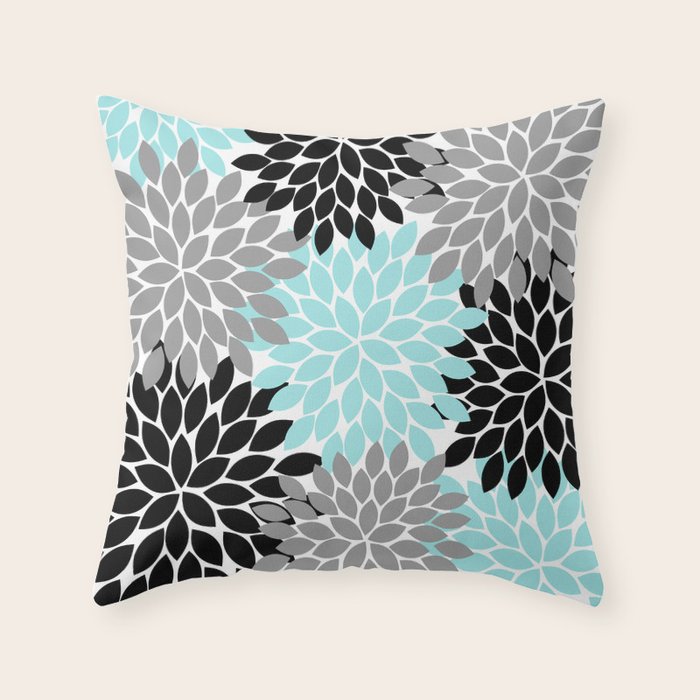 Aqua Black Gray Flower Burst Floral Pattern Throw Pillow Gallery Image 6