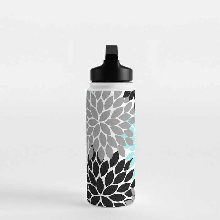 Aqua Black Gray Flower Burst Floral Pattern Water Bottle Gallery Image 3