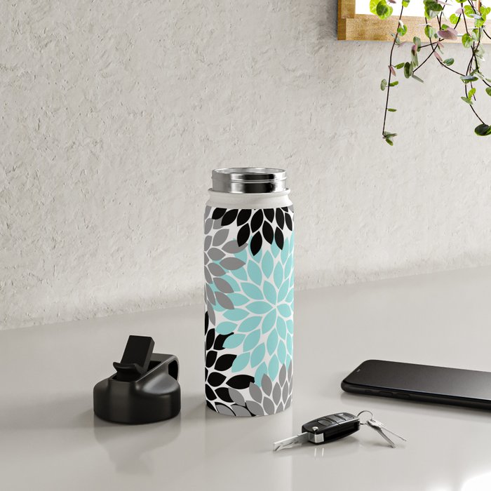 Aqua Black Gray Flower Burst Floral Pattern Water Bottle Gallery Image 4