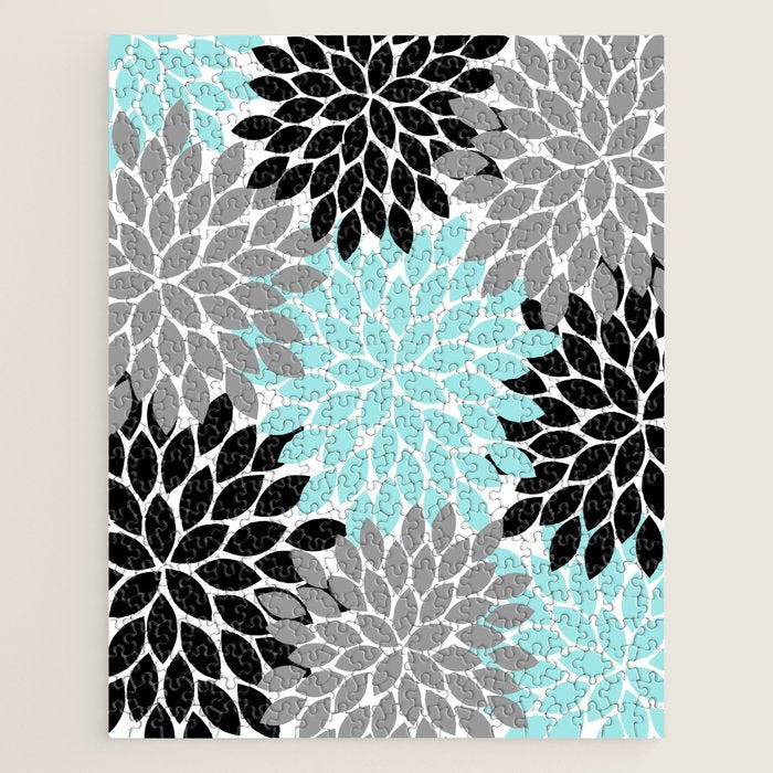 Aqua Black Gray Flower Burst Floral Pattern Jigsaw Puzzle Gallery Image 1