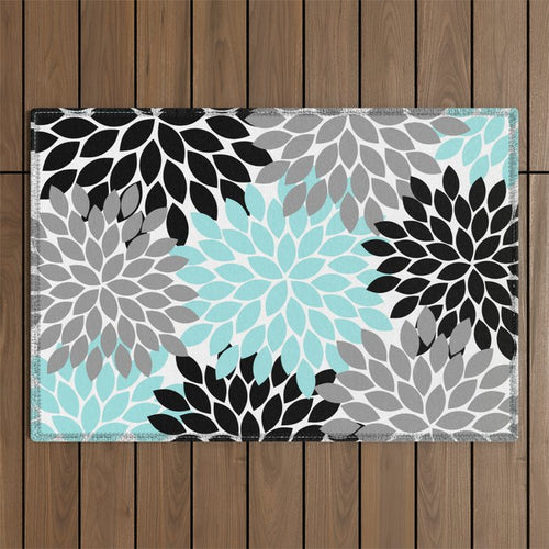 Aqua Black Gray Flower Burst Floral Pattern Outdoor Rug Gallery Image 1