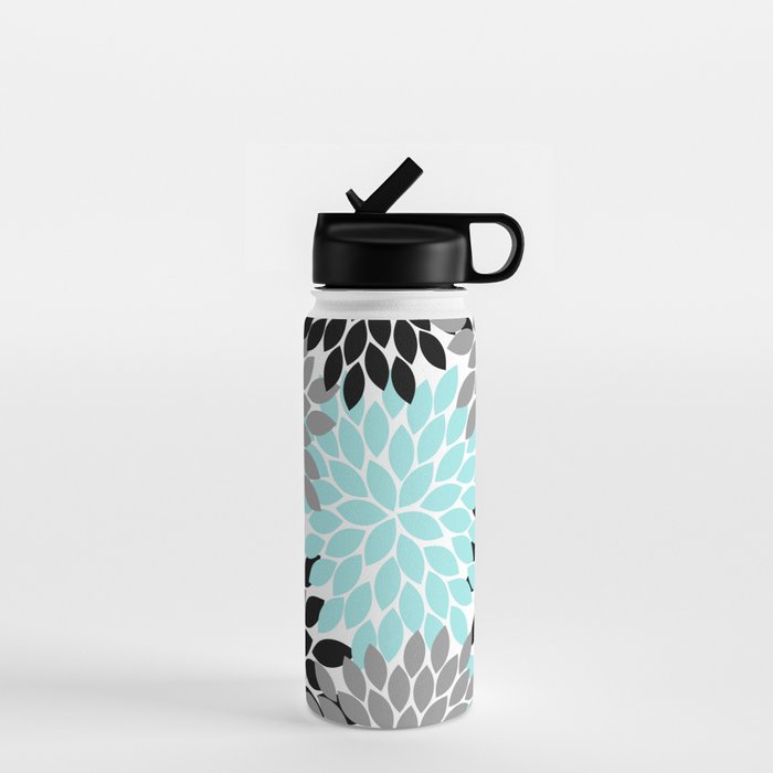 Aqua Black Gray Flower Burst Floral Pattern Water Bottle Gallery Image 1