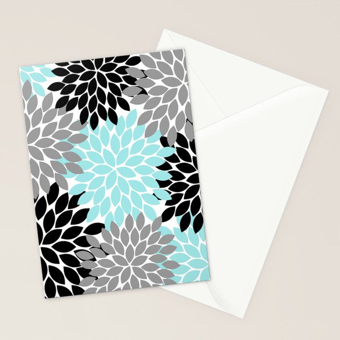 Aqua Black Gray Flower Burst Floral Pattern Stationery Card Gallery Image 2
