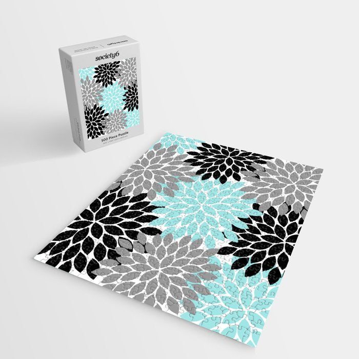 Aqua Black Gray Flower Burst Floral Pattern Jigsaw Puzzle Gallery Image 2