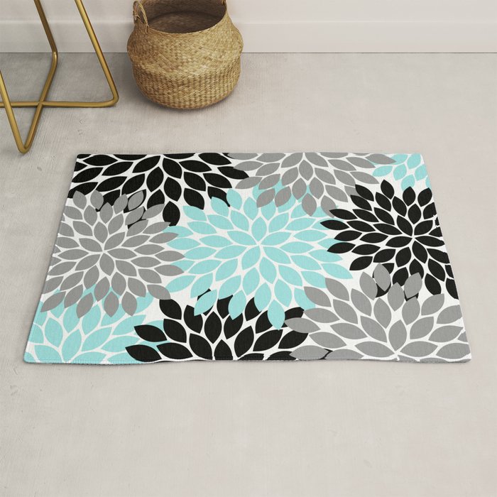 Aqua Black Gray Flower Burst Floral Pattern Rug Gallery Image 1