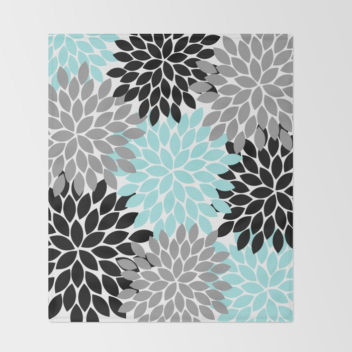 Aqua Black Gray Flower Burst Floral Pattern Throw Blanket Gallery Image 2