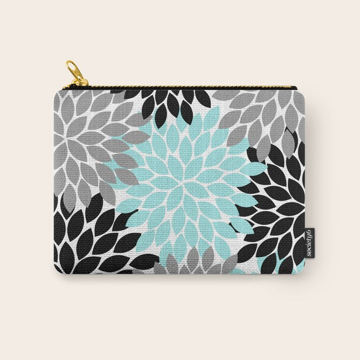 Aqua Black Gray Flower Burst Floral Pattern Carry All Pouch Gallery Image 1