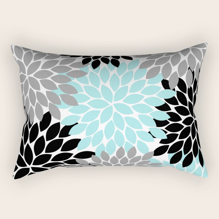 Aqua Black Gray Flower Burst Floral Pattern Rectangular Pillow Gallery Image 1