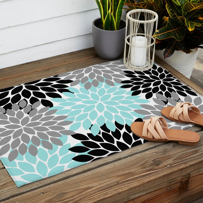 Aqua Black Gray Flower Burst Floral Pattern Outdoor Rug Gallery Image 2