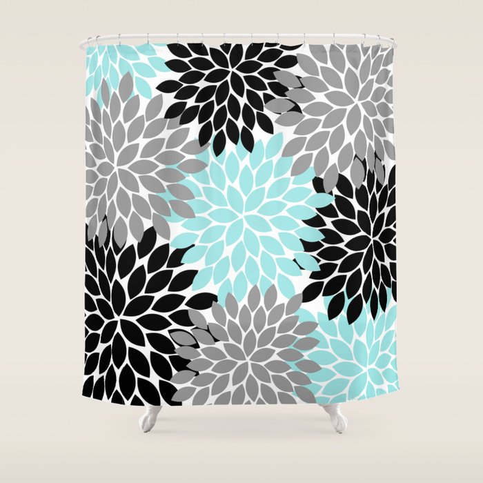 Aqua Black Gray Flower Burst Floral Pattern Shower Curtain Gallery Image 1