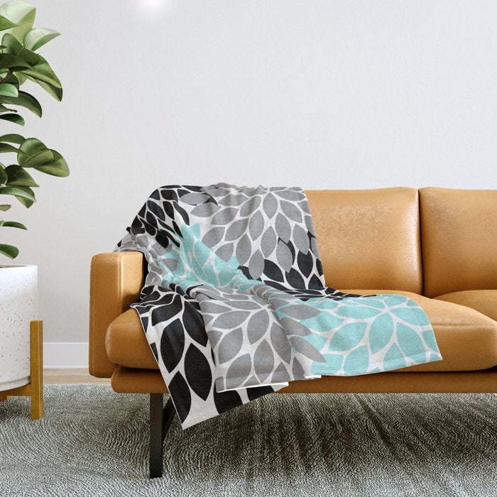 Aqua Black Gray Flower Burst Floral Pattern Throw Blanket Gallery Image 1