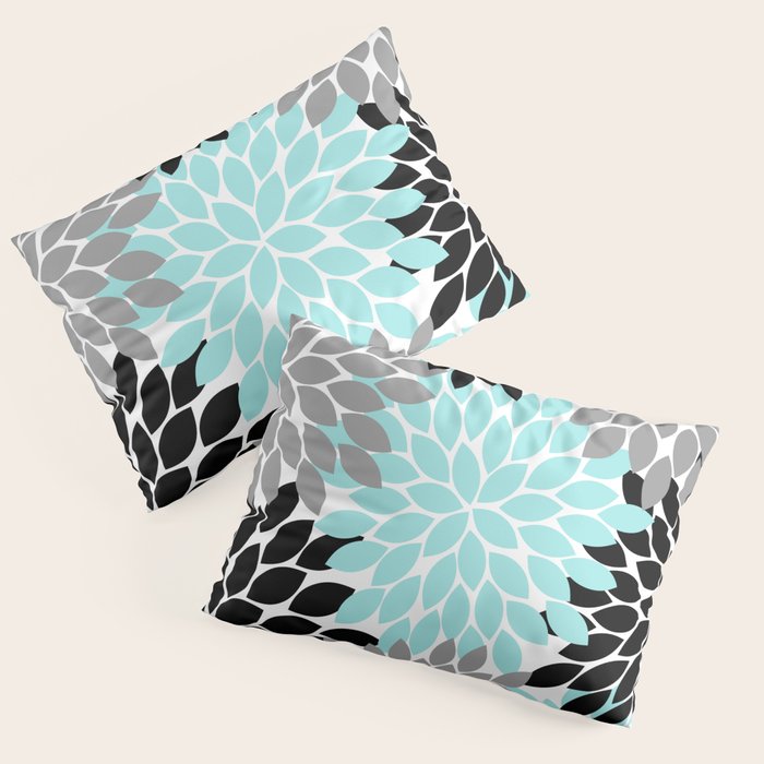 Aqua Black Gray Flower Burst Floral Pattern Pillow Sham Gallery Image 1