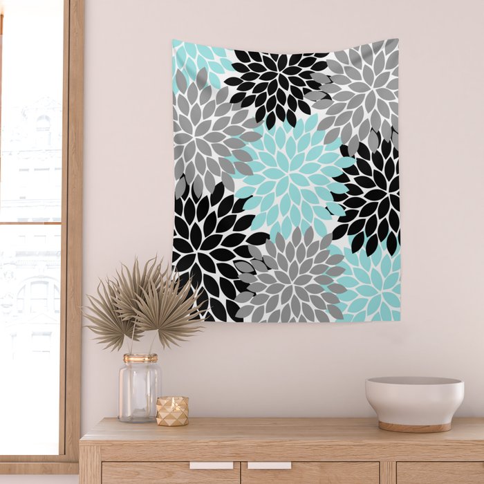Aqua Black Gray Flower Burst Floral Pattern Wall Tapestry Gallery Image 2