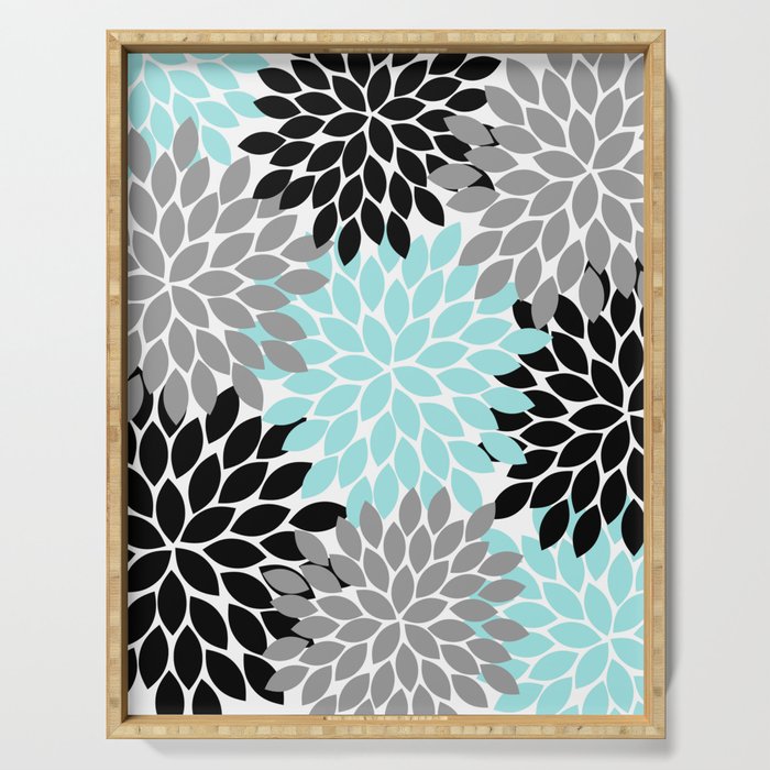 Aqua Black Gray Flower Burst Floral Pattern Serving Tray Gallery Image 1