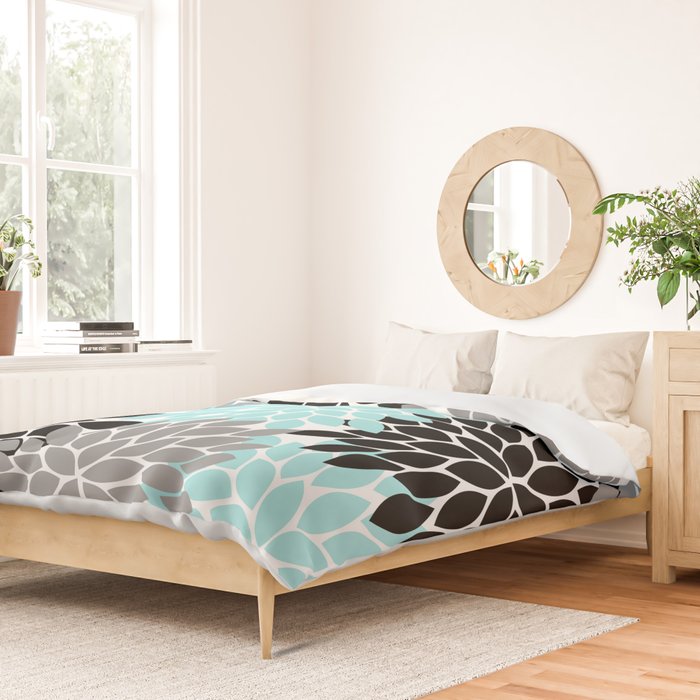 Aqua Black Gray Flower Burst Floral Pattern Duvet Cover Gallery Image 2