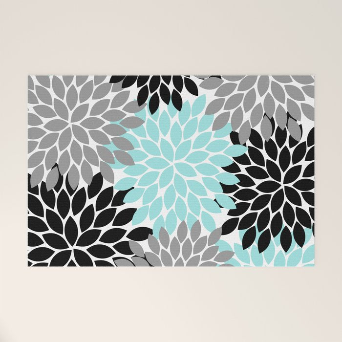 Aqua Black Gray Flower Burst Floral Pattern Welcome Mat Gallery Image 1