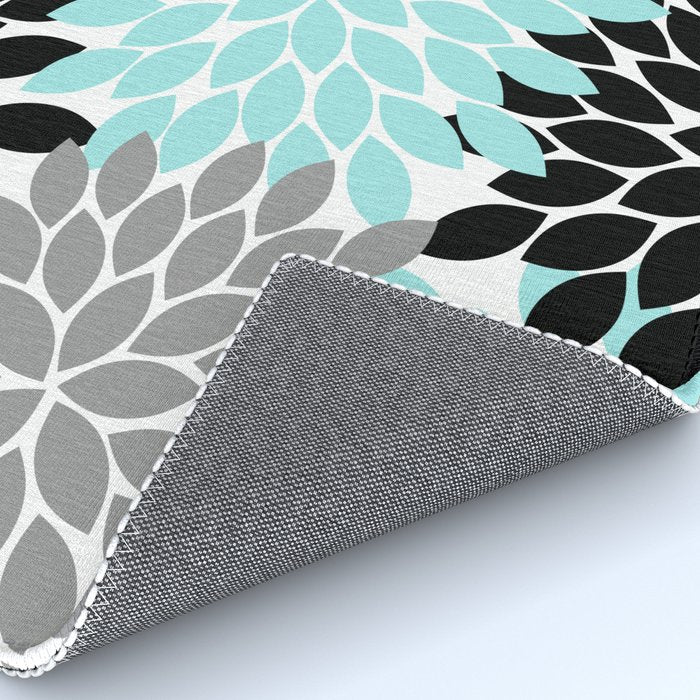Aqua Black Gray Flower Burst Floral Pattern Rug Gallery Image 4