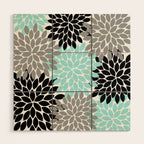 Aqua Black Gray Flower Burst Floral Pattern Wood Wall Art Gallery Image 1