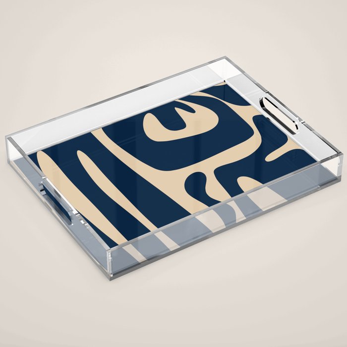 Mid Century Modern Abstract Kwaito Pattern Beige and Navy Blue Acrylic Tray Gallery Image 1