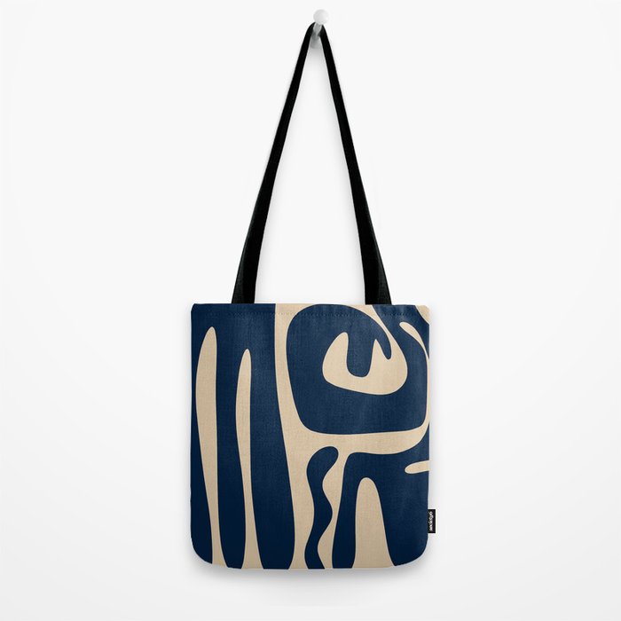 Mid Century Modern Abstract Kwaito Pattern Beige and Navy Blue Tote Bag Gallery Image 2