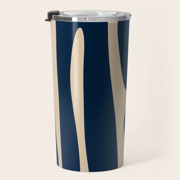 Mid Century Modern Abstract Kwaito Pattern Beige and Navy Blue Travel Mug Gallery Image 3