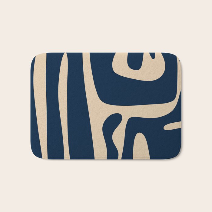 Mid Century Modern Abstract Kwaito Pattern Beige and Navy Blue Bath Mat Gallery Image 1