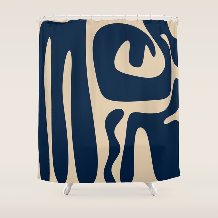 Mid Century Modern Abstract Kwaito Pattern Beige and Navy Blue Shower Curtain Gallery Image 1