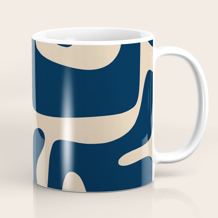 Mid Century Modern Abstract Kwaito Pattern Beige and Navy Blue Coffee Mug Gallery Image 1