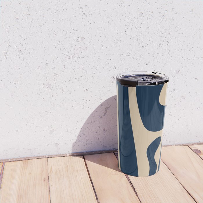 Mid Century Modern Abstract Kwaito Pattern Beige and Navy Blue Travel Mug Gallery Image 4