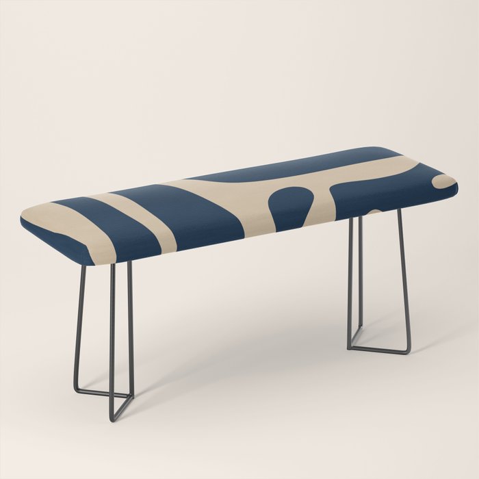Mid Century Modern Abstract Kwaito Pattern Beige and Navy Blue Bench Gallery Image 1