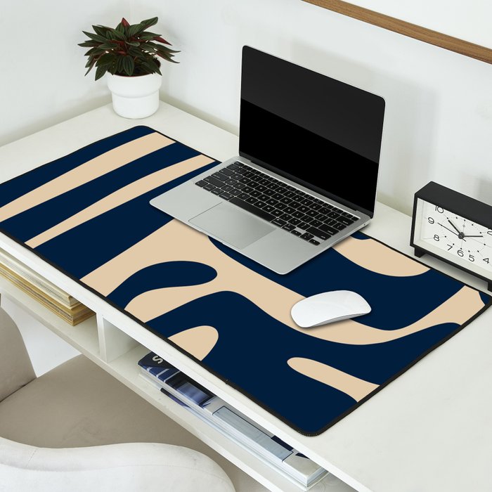 Mid Century Modern Abstract Kwaito Pattern Beige and Navy Blue Desk Mat Gallery Image 2