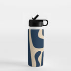 Mid Century Modern Abstract Kwaito Pattern Beige and Navy Blue Water Bottle Gallery Image 1