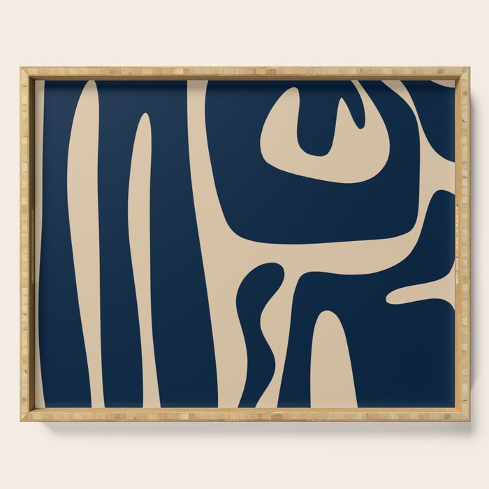 Mid Century Modern Abstract Kwaito Pattern Beige and Navy Blue Serving Tray Gallery Image 1