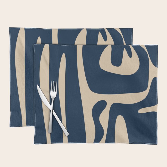 Mid Century Modern Abstract Kwaito Pattern Beige and Navy Blue Placemat Gallery Image 1