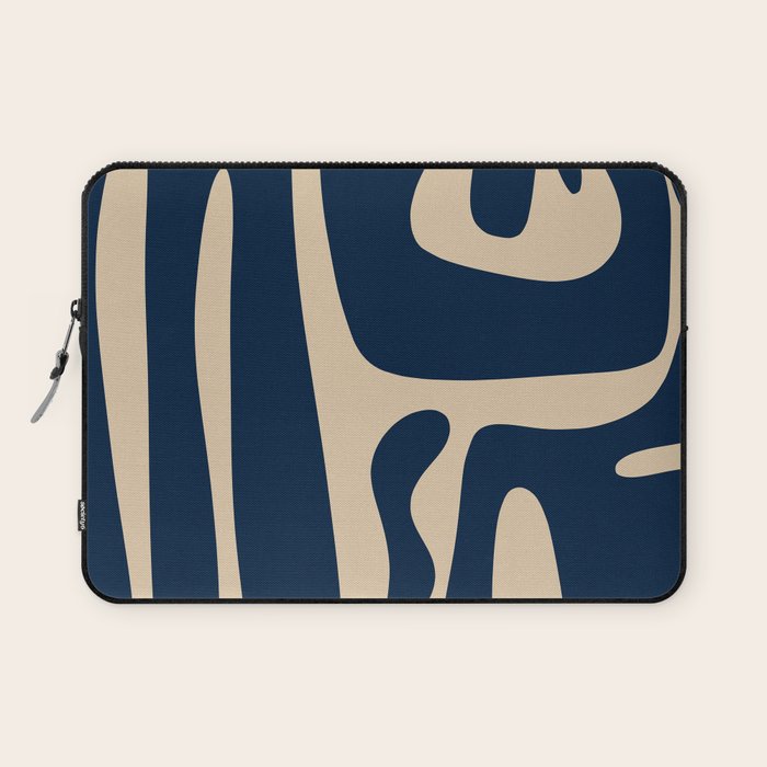 Mid Century Modern Abstract Kwaito Pattern Beige and Navy Blue Laptop Sleeve Gallery Image 1