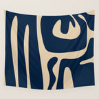 Mid Century Modern Abstract Kwaito Pattern Beige and Navy Blue Wall Tapestry Gallery Image 4