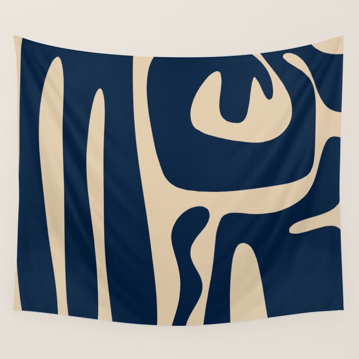 Mid Century Modern Abstract Kwaito Pattern Beige and Navy Blue Wall Tapestry Gallery Image 4