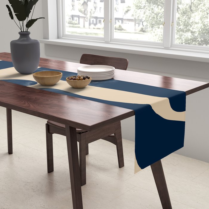 Mid Century Modern Abstract Kwaito Pattern Beige and Navy Blue Table Runner Gallery Image 2