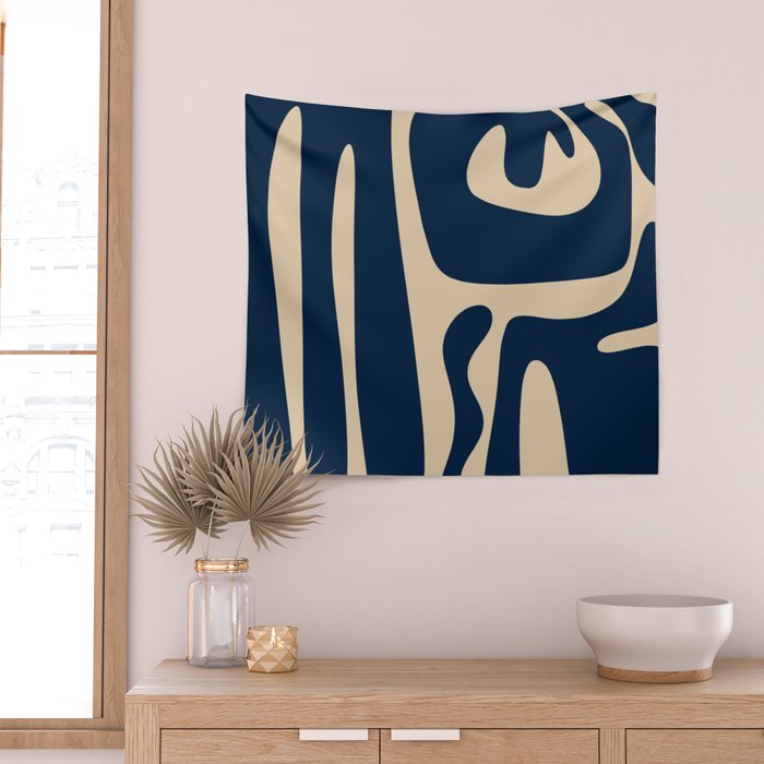 Mid Century Modern Abstract Kwaito Pattern Beige and Navy Blue Wall Tapestry Gallery Image 2