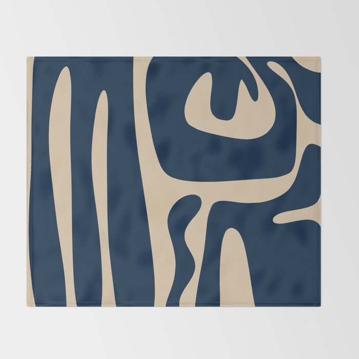 Mid Century Modern Abstract Kwaito Pattern Beige and Navy Blue Throw Blanket Gallery Image 2