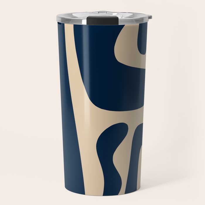 Mid Century Modern Abstract Kwaito Pattern Beige and Navy Blue Travel Mug Gallery Image 1