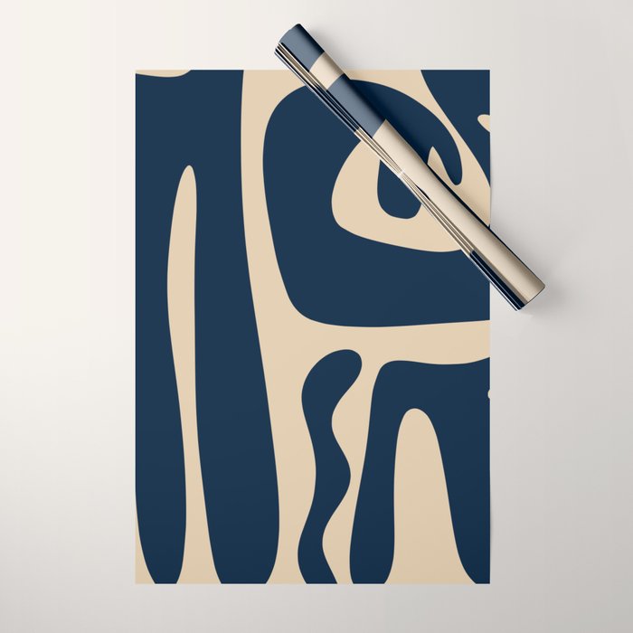 Mid Century Modern Abstract Kwaito Pattern Beige and Navy Blue Wrapping Paper Gallery Image 1