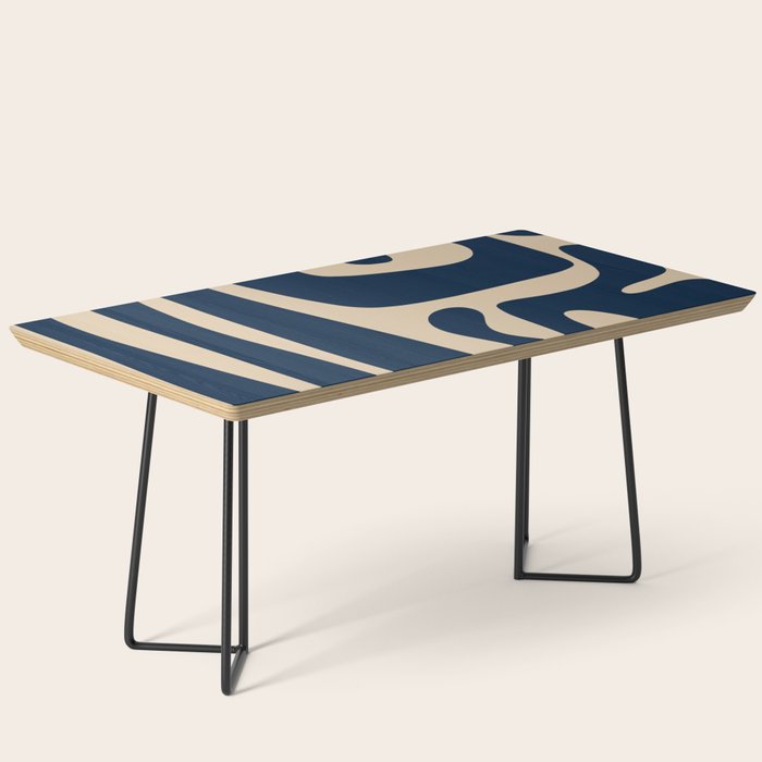 Mid Century Modern Abstract Kwaito Pattern Beige and Navy Blue Coffee Table Gallery Image 1