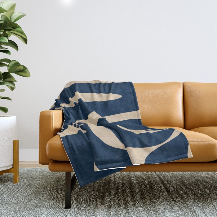 Mid Century Modern Abstract Kwaito Pattern Beige and Navy Blue Throw Blanket Gallery Image 1