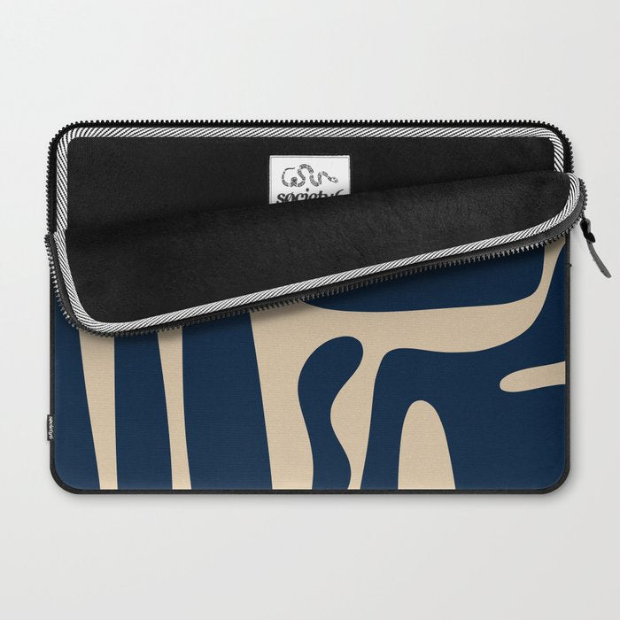 Mid Century Modern Abstract Kwaito Pattern Beige and Navy Blue Laptop Sleeve Gallery Image 2